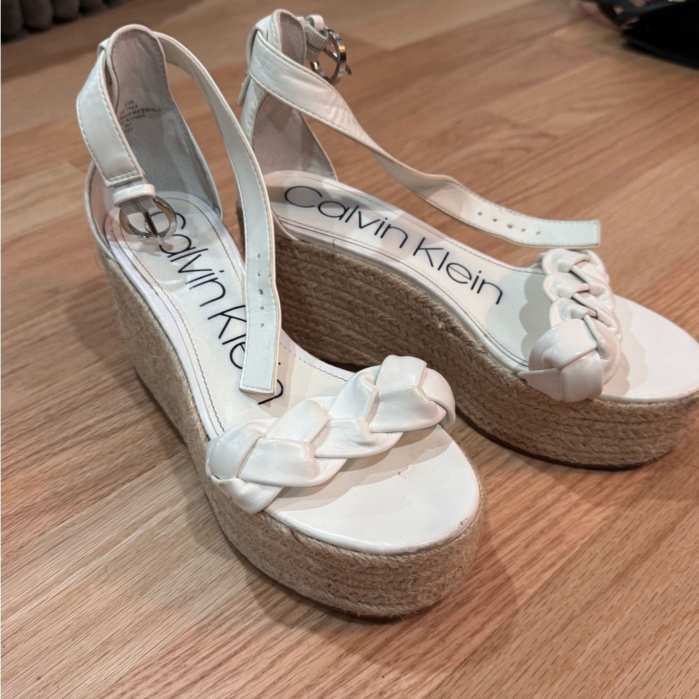 Calvin Klein White Braided Espadrille Platform Wedges